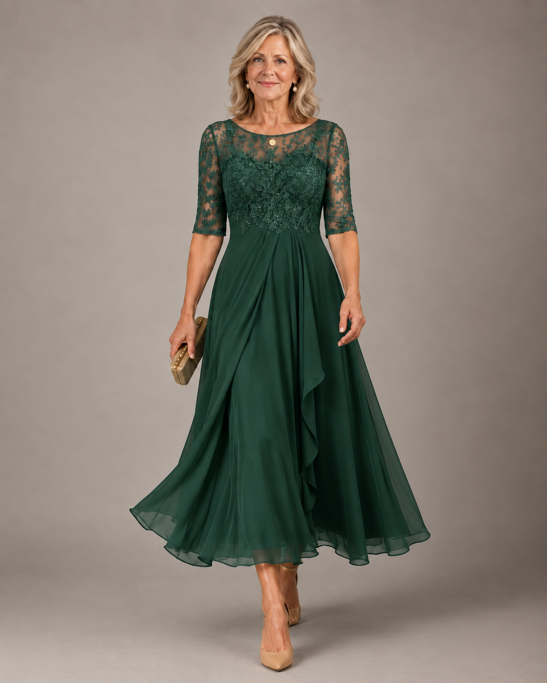 Rose lace midi dress in green, full-length front view