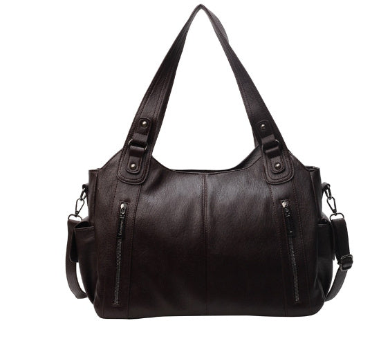Rae classic handbag in coffee brown, front view with twin handles