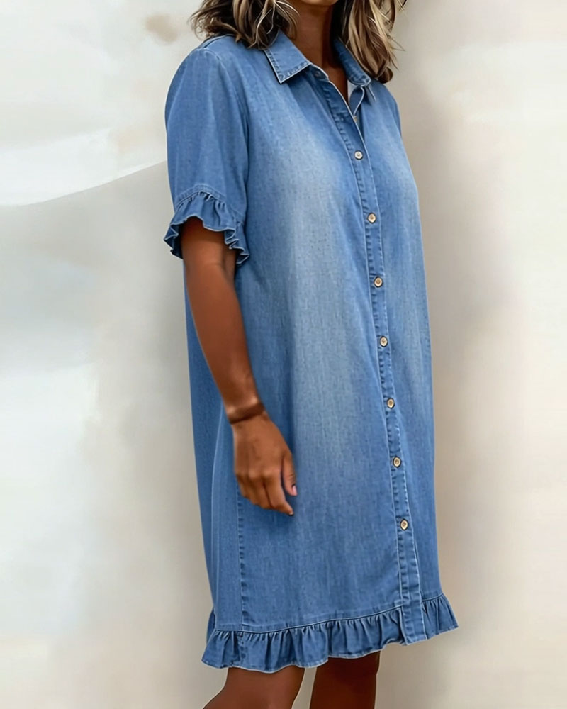Maria denim shirt dress in blue, side view showing ruffled hem