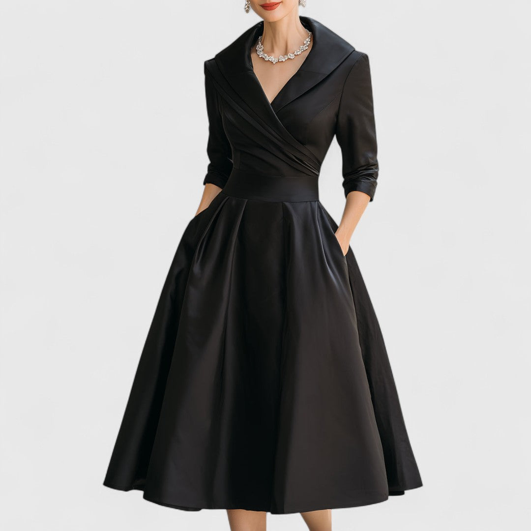 Marley Quinn elegant midi dress in black, full-length front view