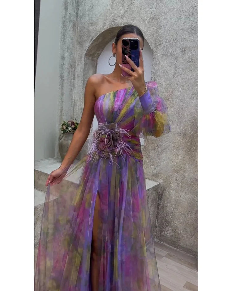 Orit dress detail showing flower and feather waist trim in lila