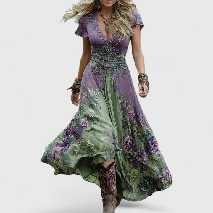 Sylvia embroidered maxi dress in purple and green, full-length front view