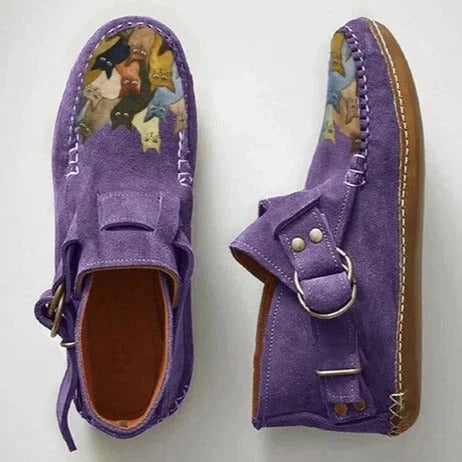 Euphemia casual shoes in purple with cat print detail, top view