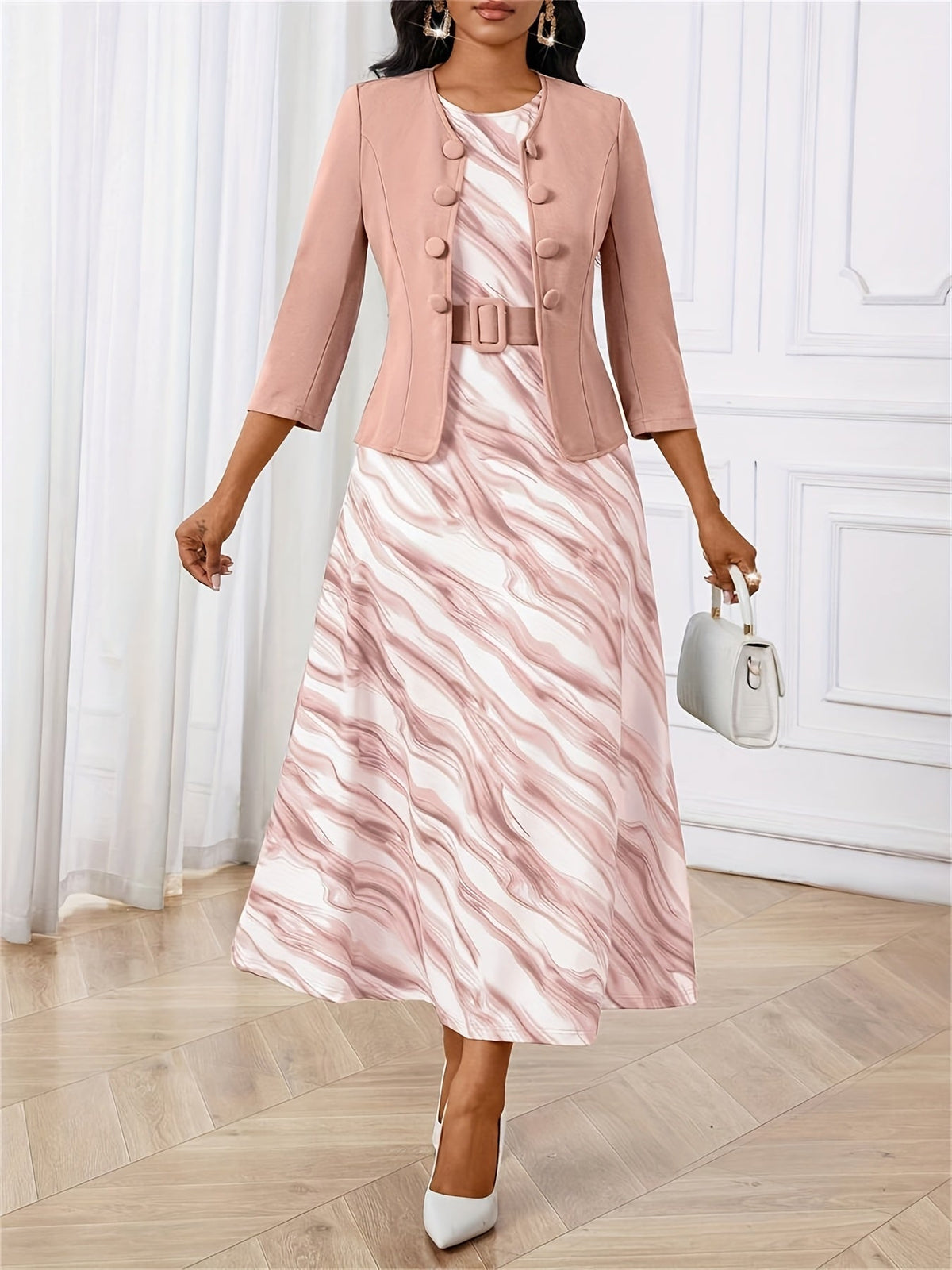 Amelie Lane belted set in dusty pink marbled print, front view