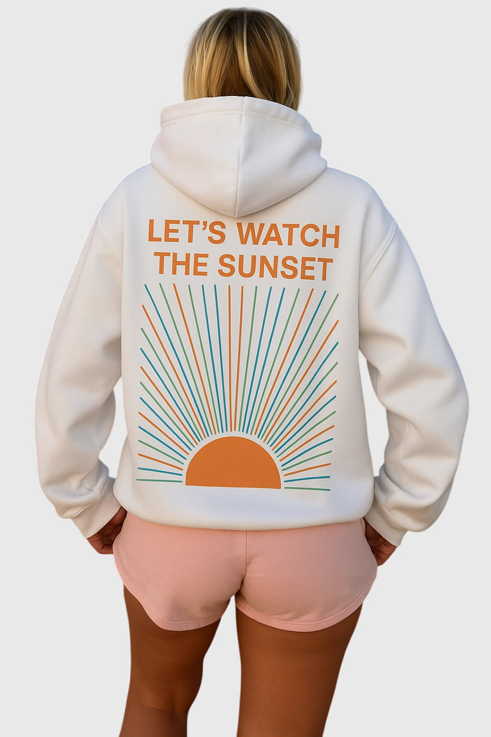 Zoey Evening Bliss hoodie in white, back view with sunset print