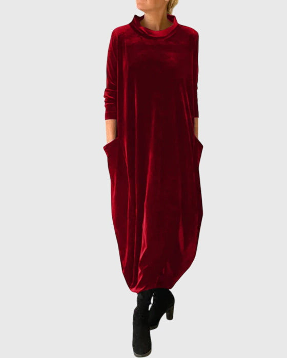Madison velvet dress in red, full-length front view with side pockets