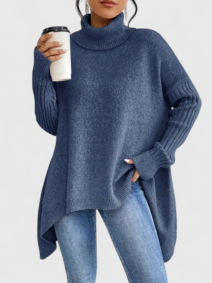 Keiralyss turtleneck sweater in navy blue, front view with jeans