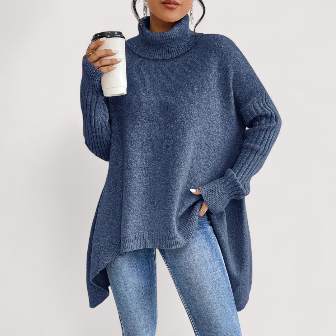 Fenella long turtleneck sweater in ocean blue, front view with high-low hem