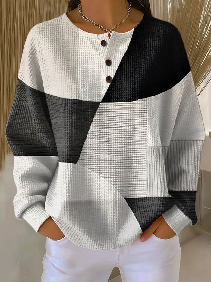 Consuelo textured jumper in grey colour-block, front view worn by model