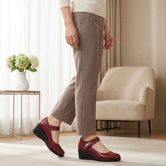Lydia mid-heel comfort shoes in red, worn with tailored trousers