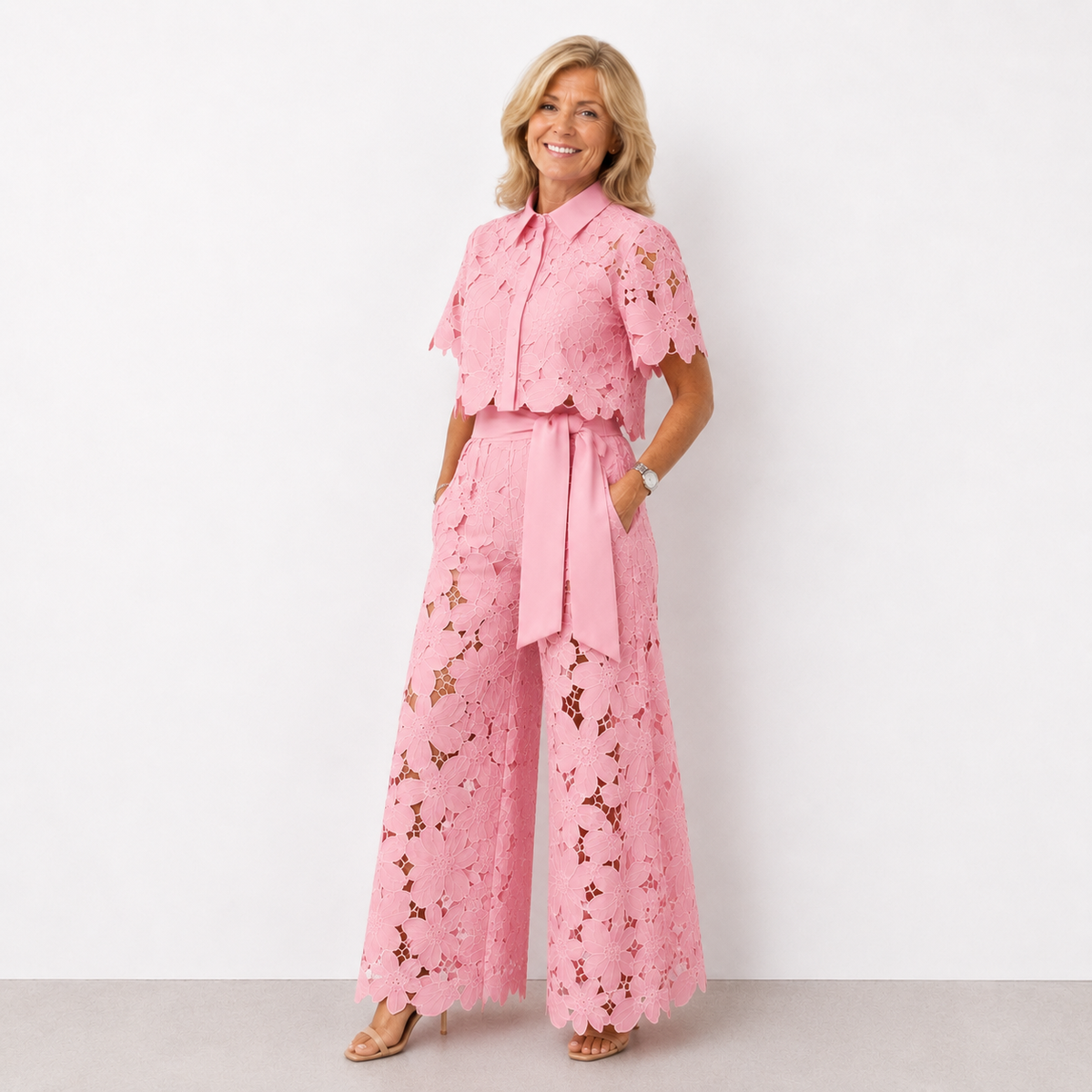 Isabela two-piece lace set in pink, full-length front view