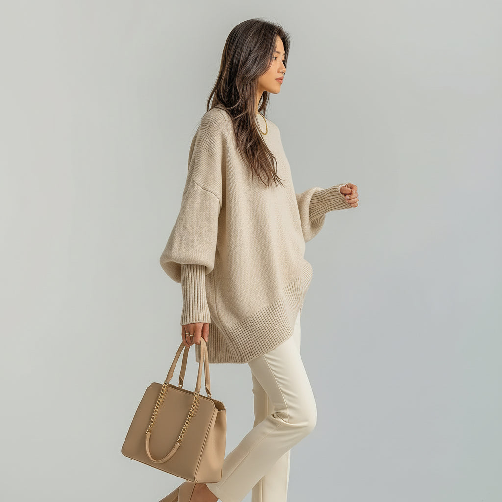 Aureliana oversized knit sweater in apricot, side view with ribbed cuffs