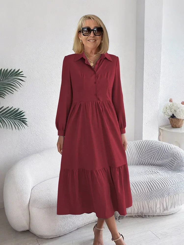 Sophia ruffle shirt dress in dark red, full-length front view