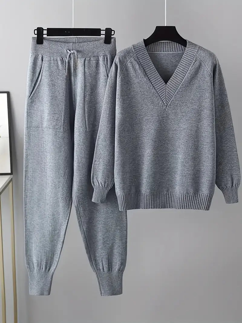 Evaris long sleeve two-piece knitted set in grey, jumper and joggers