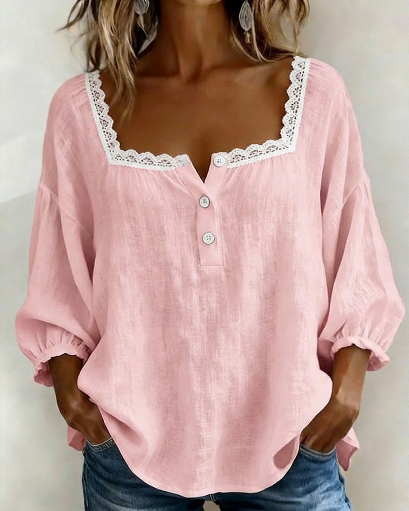 Elodie lace-trim square neck blouse in pink, front view