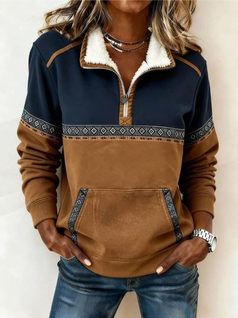 Zyrel half-zip sweater in navy and tan multi-colour, front view with front pouch pocket