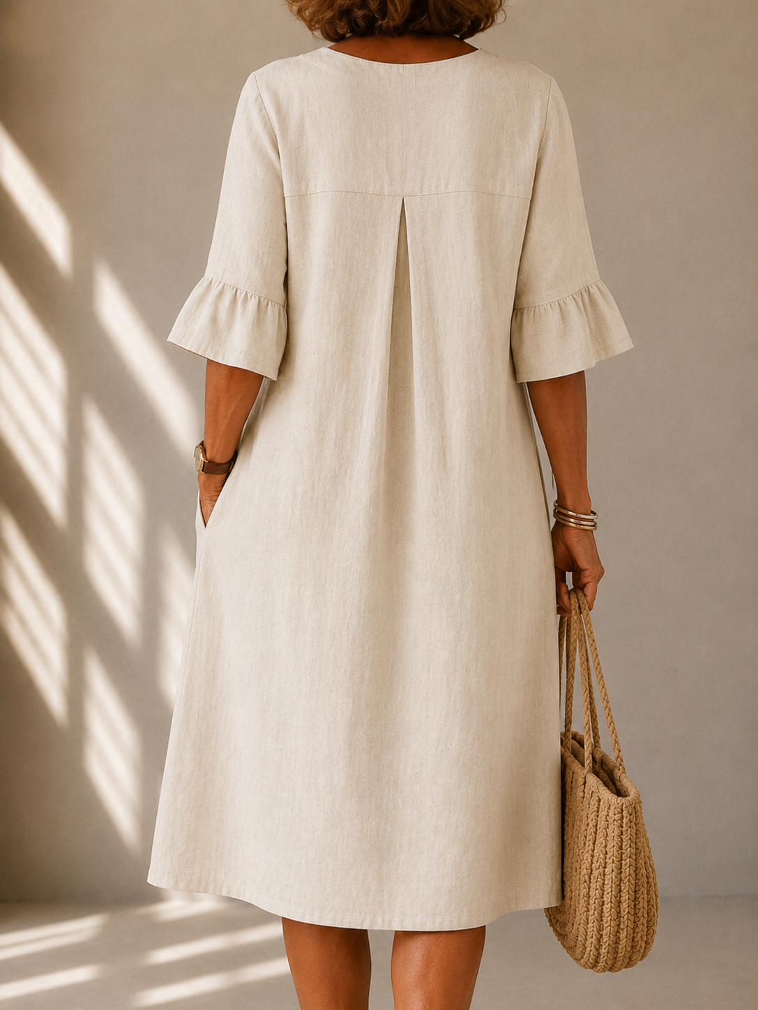 Charlotte buttoned gathered-front dress in beige, back view with box pleat