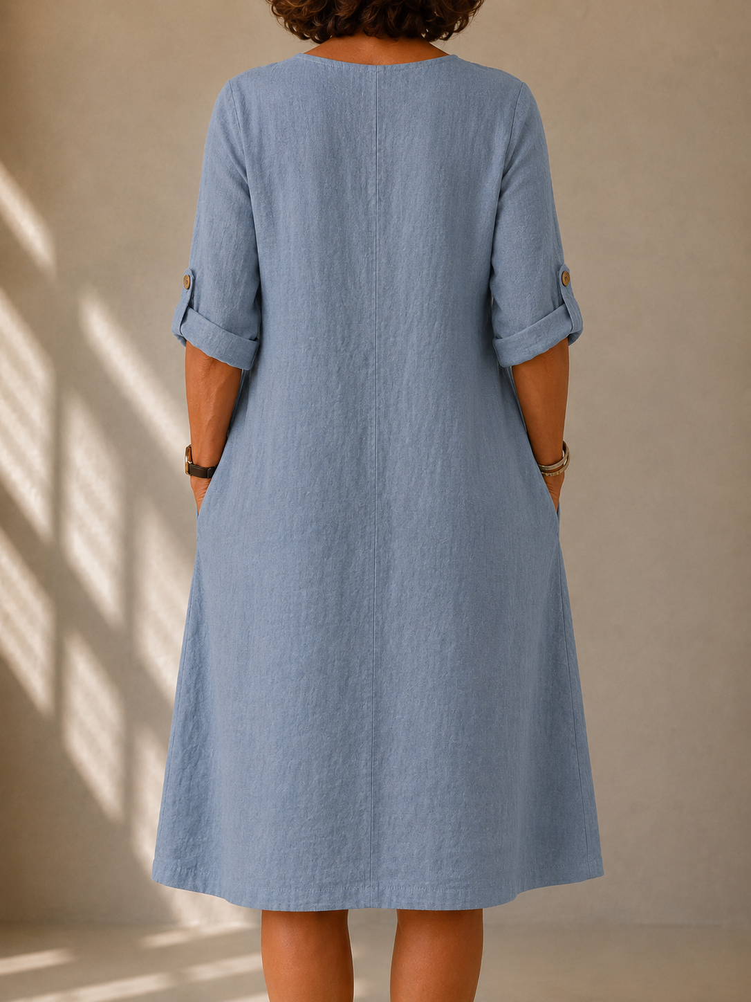 Élina Tunisian-collar dress in blue-grey, back view