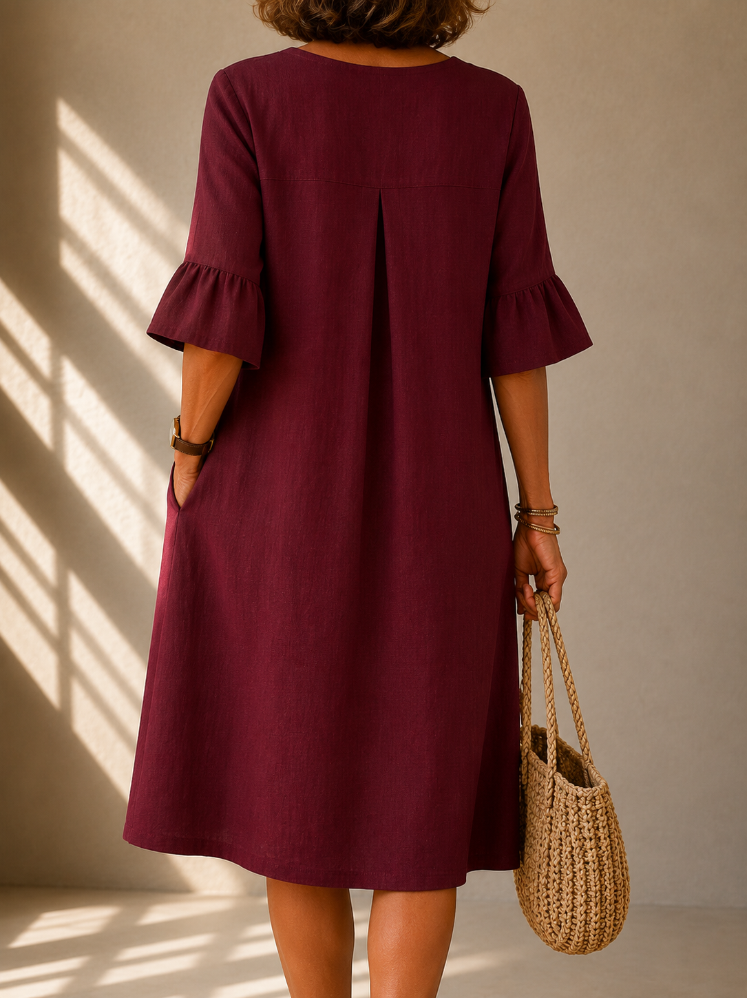Brigitte buttoned ruffle-sleeve dress in burgundy, back view with box pleat