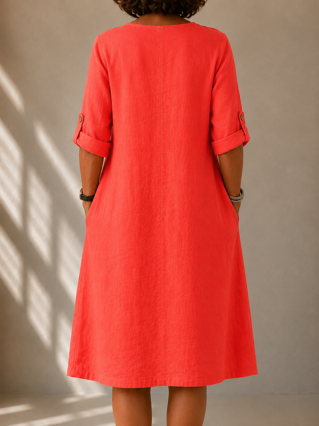 Margot flowy straight-cut dress in coral, back view