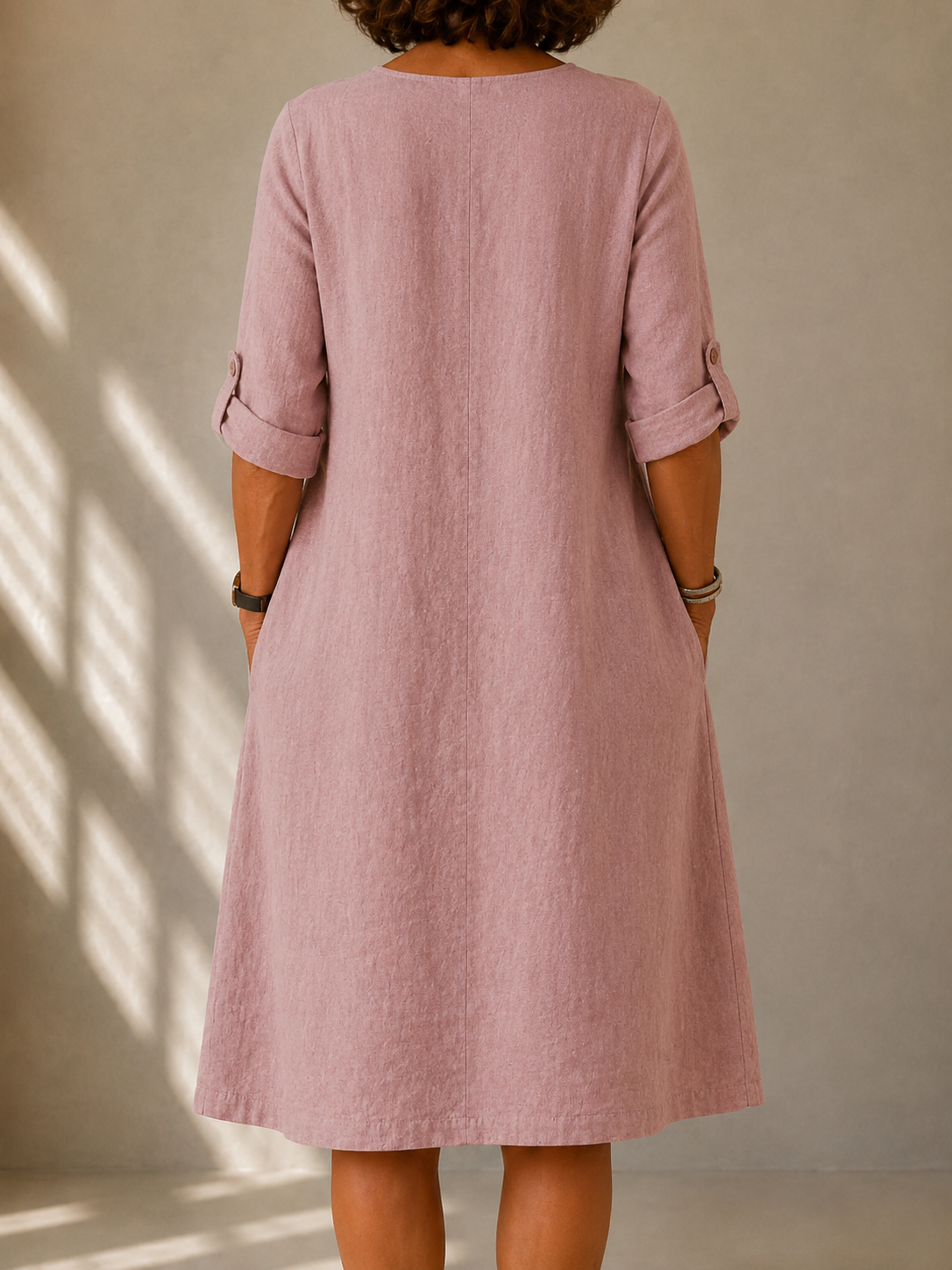 Martine flowy A-line dress in powder pink, back view