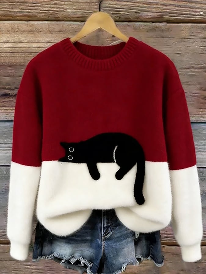 Aileen cat print oversized sweater in red and cream, front view
