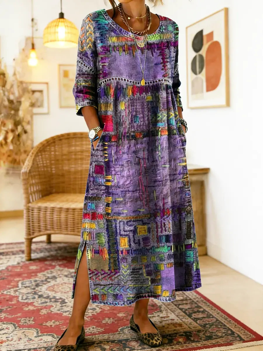 Eliana printed midi dress in purple, front view showing side pockets