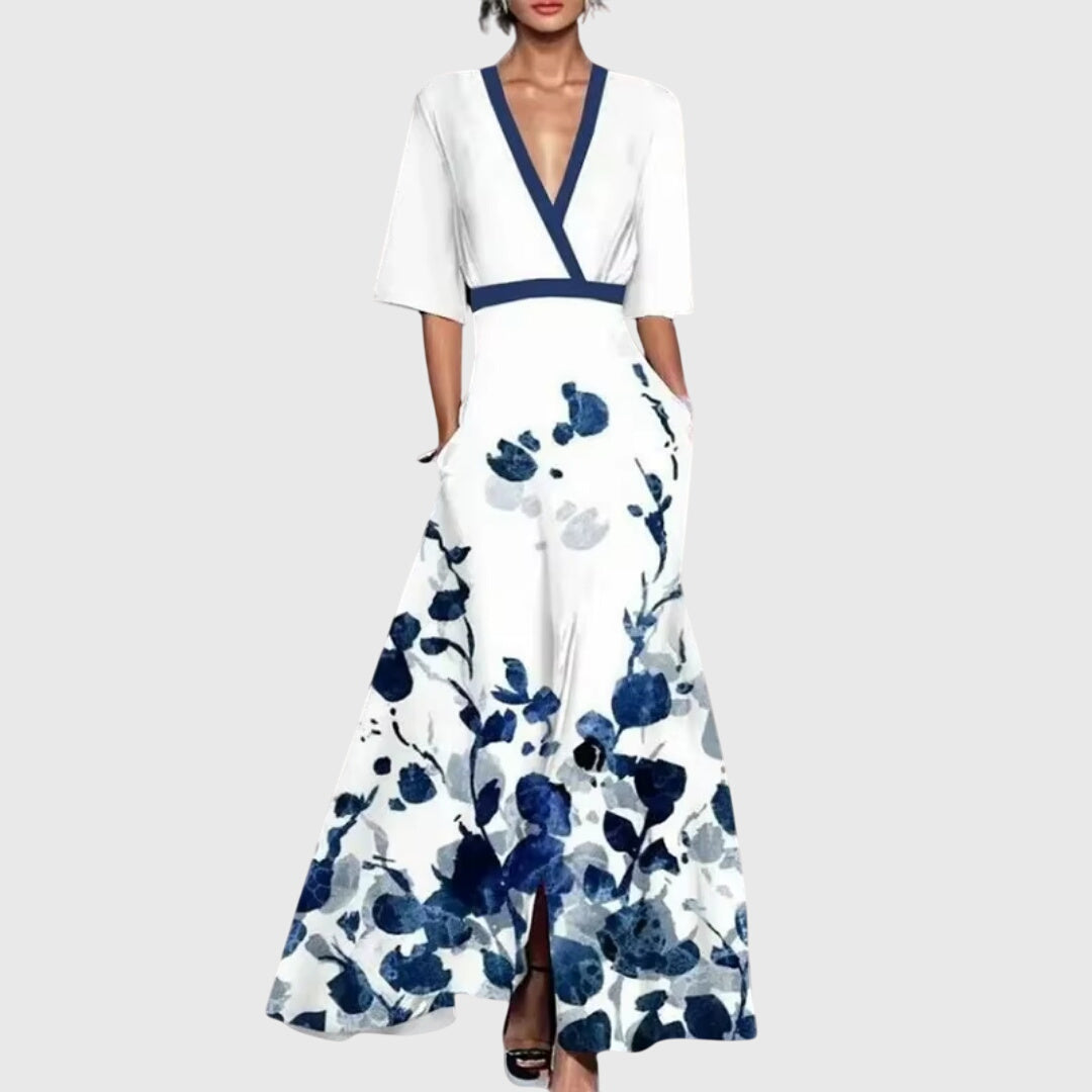 Candice elegant spring dress in white with blue florals, full-length front view