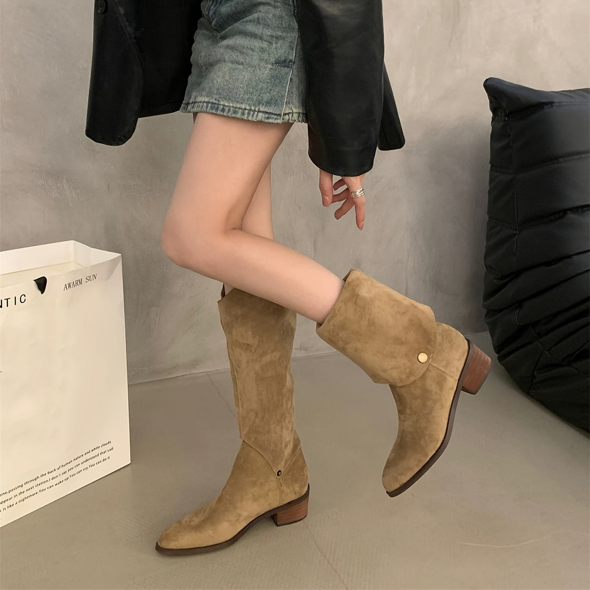 Evadne V-shape long boots in khaki, one shaft folded down, side view
