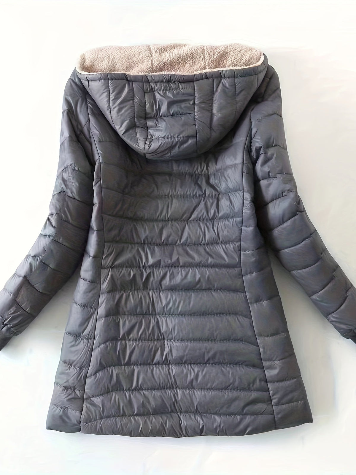 Lunera quilted hooded jacket in grey, flat back view