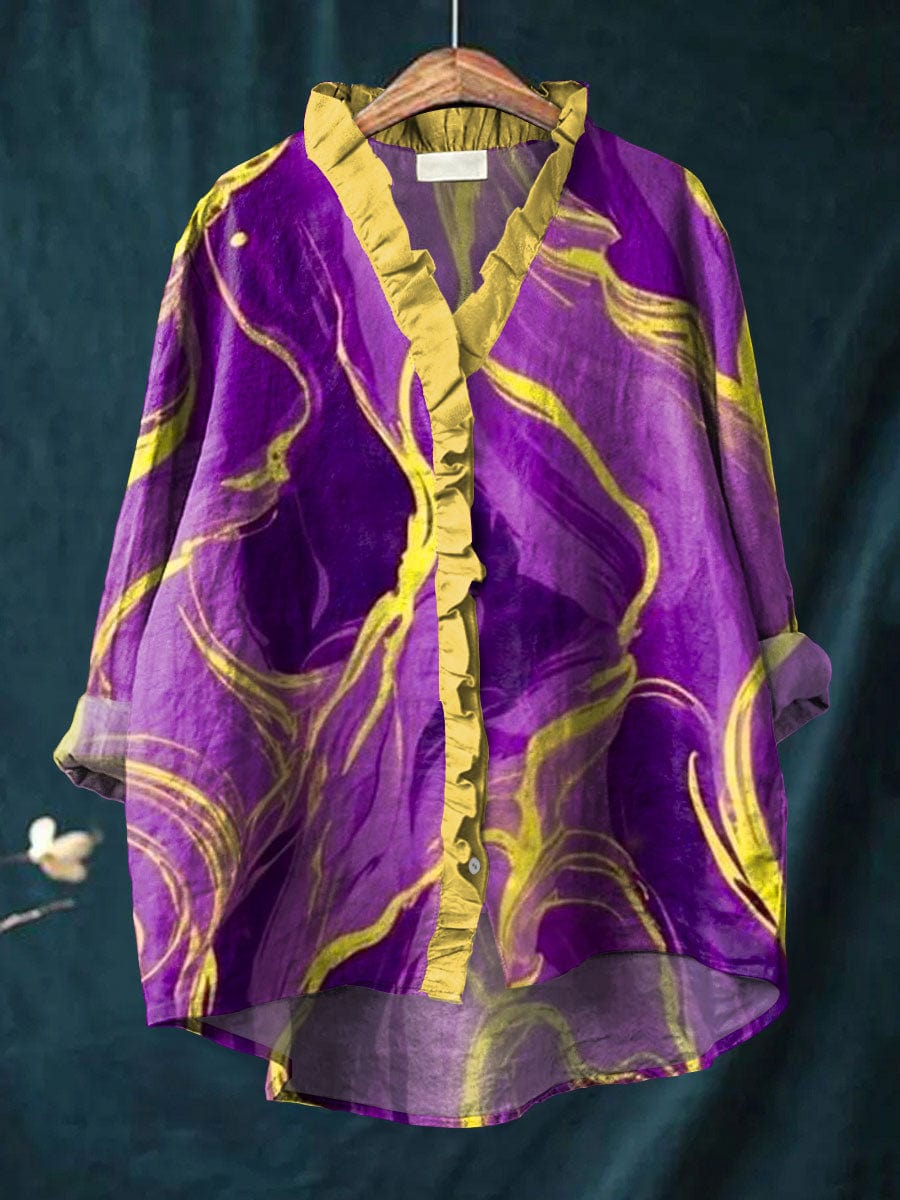 Zerena blouse in purple with gold brushstroke print, ruffled front, front view