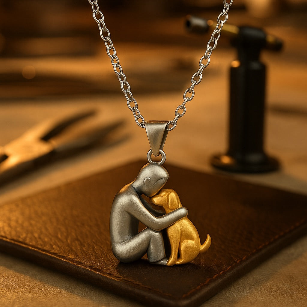 Hug pendant necklace in silver and gold, close-up on leather pad