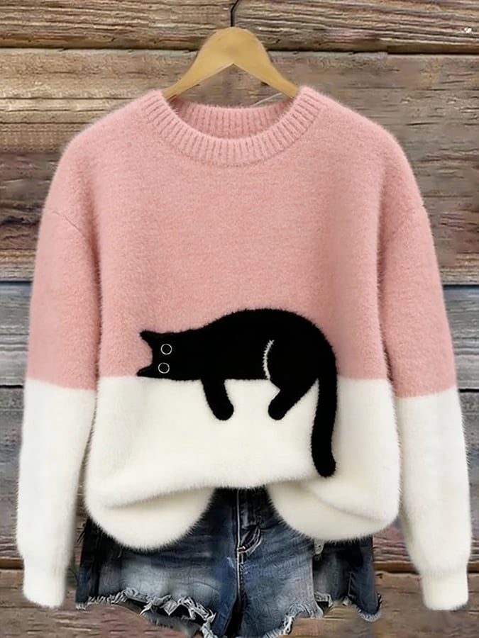 Aileen cat print oversized sweater in pink and cream, front view
