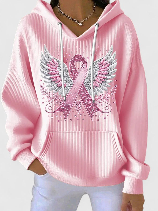 Serenica hooded top in pink with winged ribbon print, front view