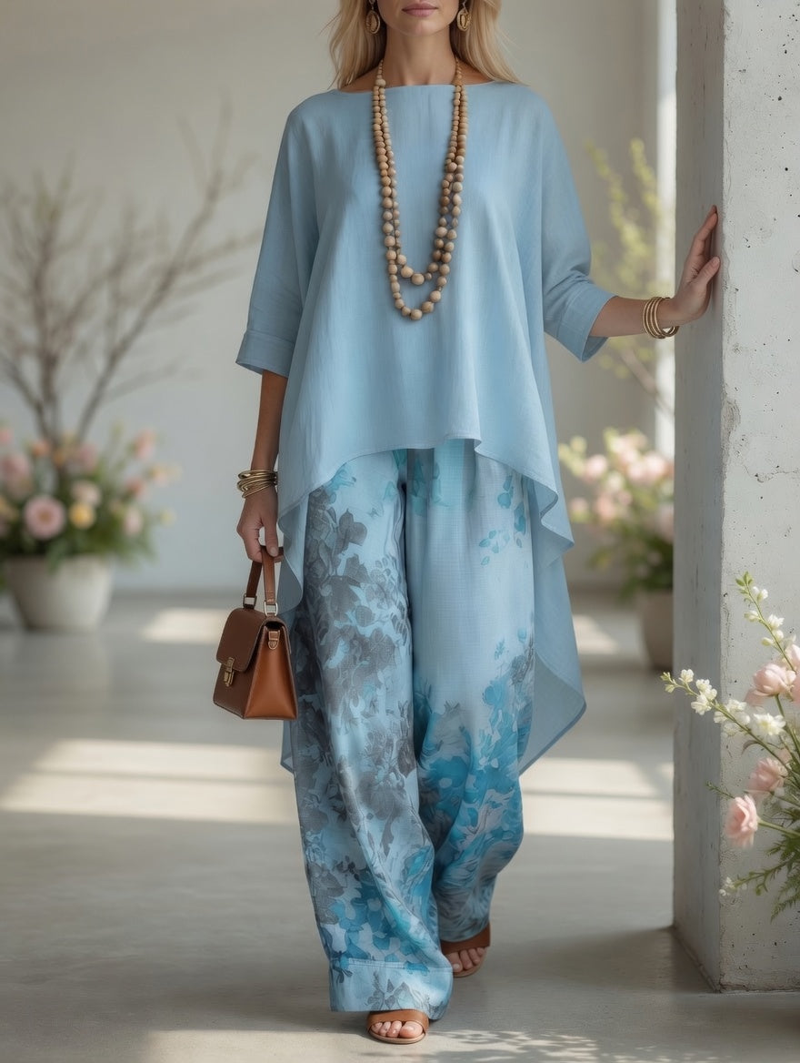 Ema vintage two-piece set in light blue, full-length side view