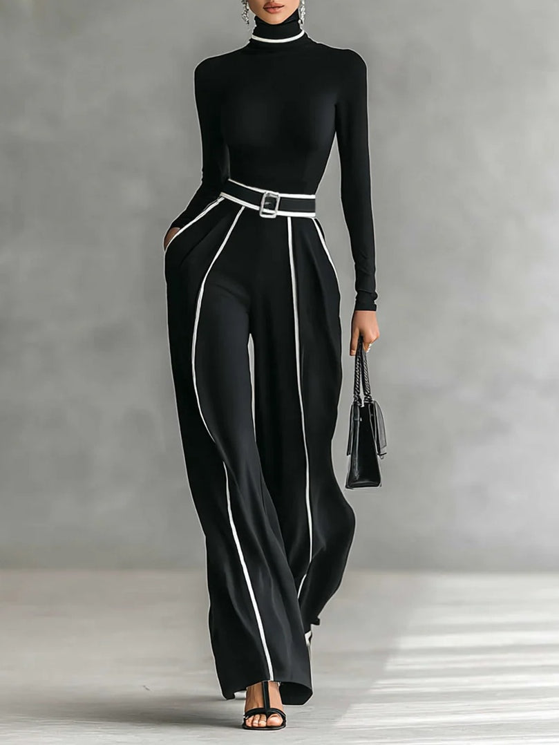 Adèle high-neck set in black with white trim, full-length front view