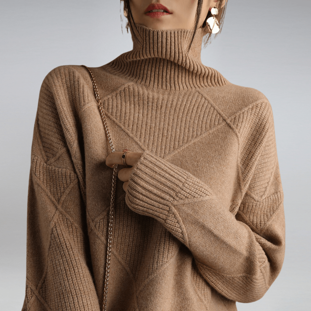Ameline turtleneck sweater in brown, close-up of diamond knit texture