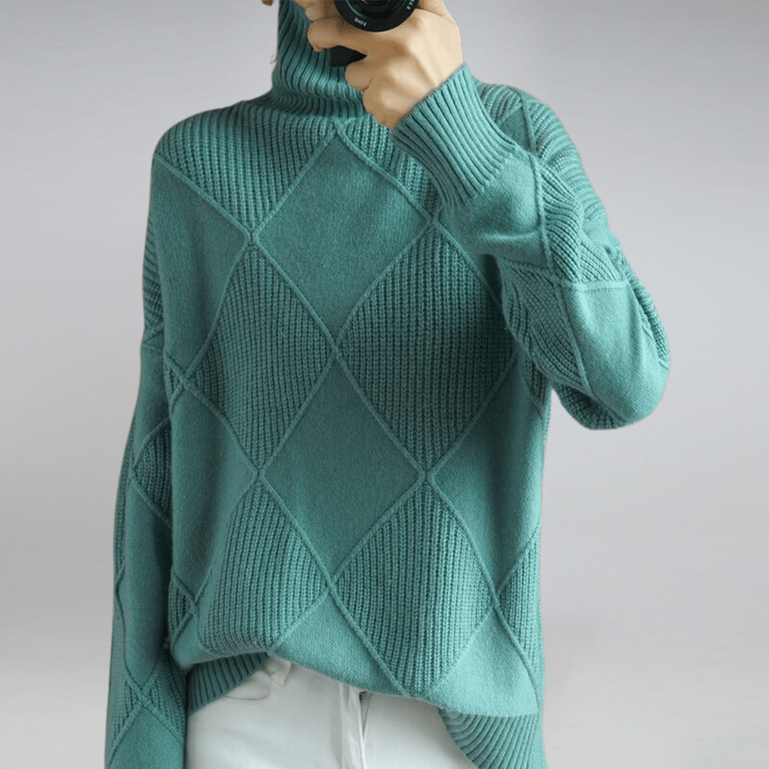 Ameline soft turtleneck sweater in teal, front view