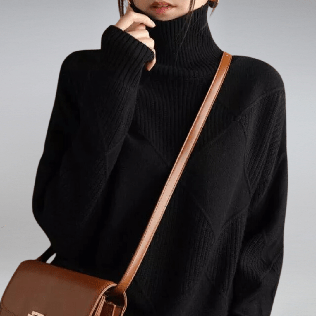 Ameline turtleneck sweater in black, close-up of roll neck