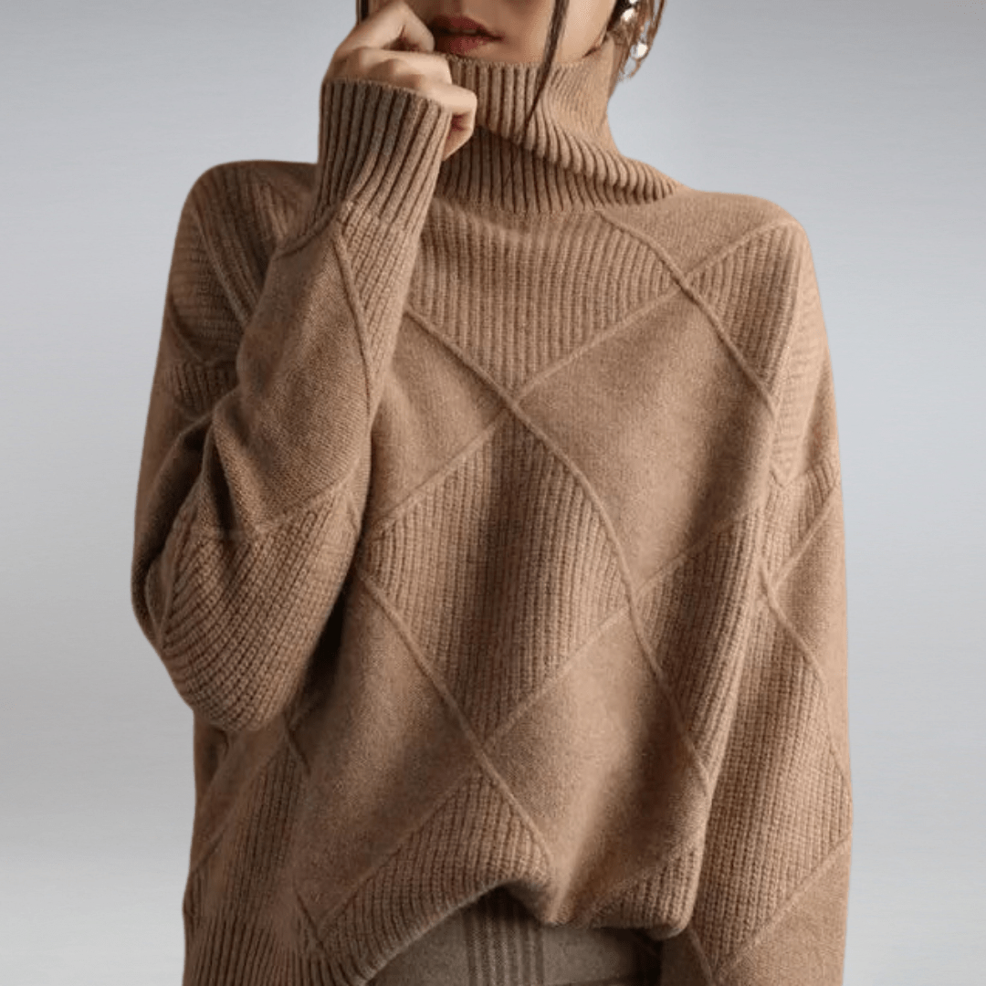 Ameline soft turtleneck sweater in brown, front view with ribbed collar