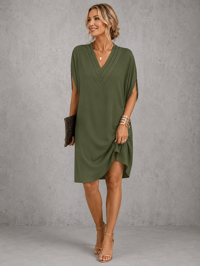 Seren pleated V-neck shift dress in military green, full-length front view