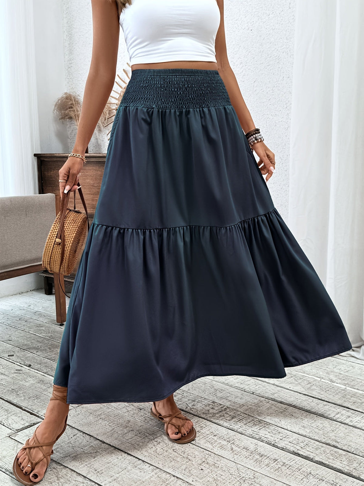 Tahlia tiered maxi skirt in navy, full-length front view