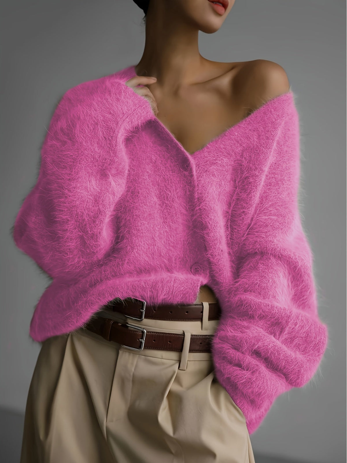 Seriavi V-neck cardigan in rose red, front view on model