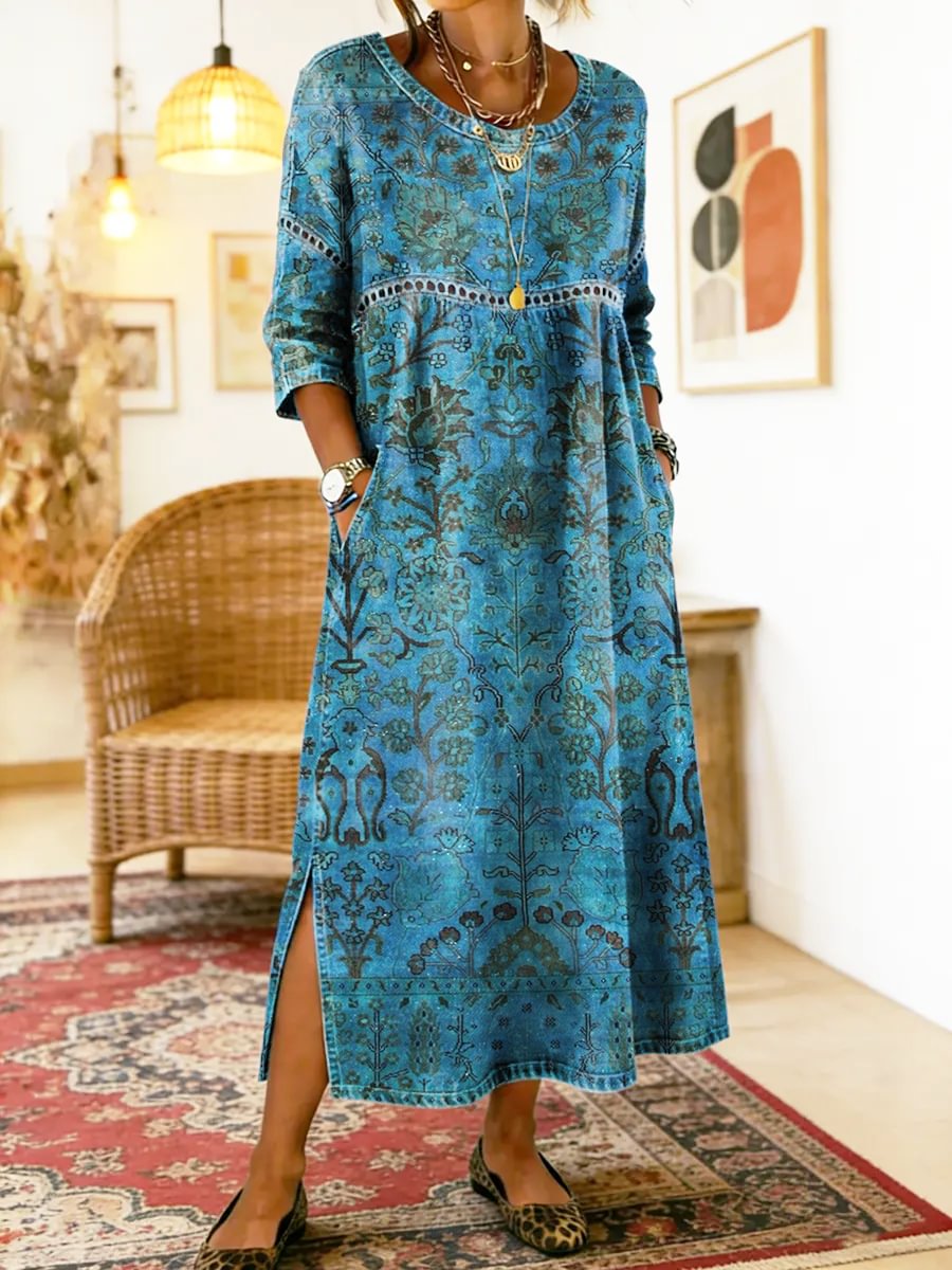 Carmen printed maxi dress in blue floral, full-length front view with side slit