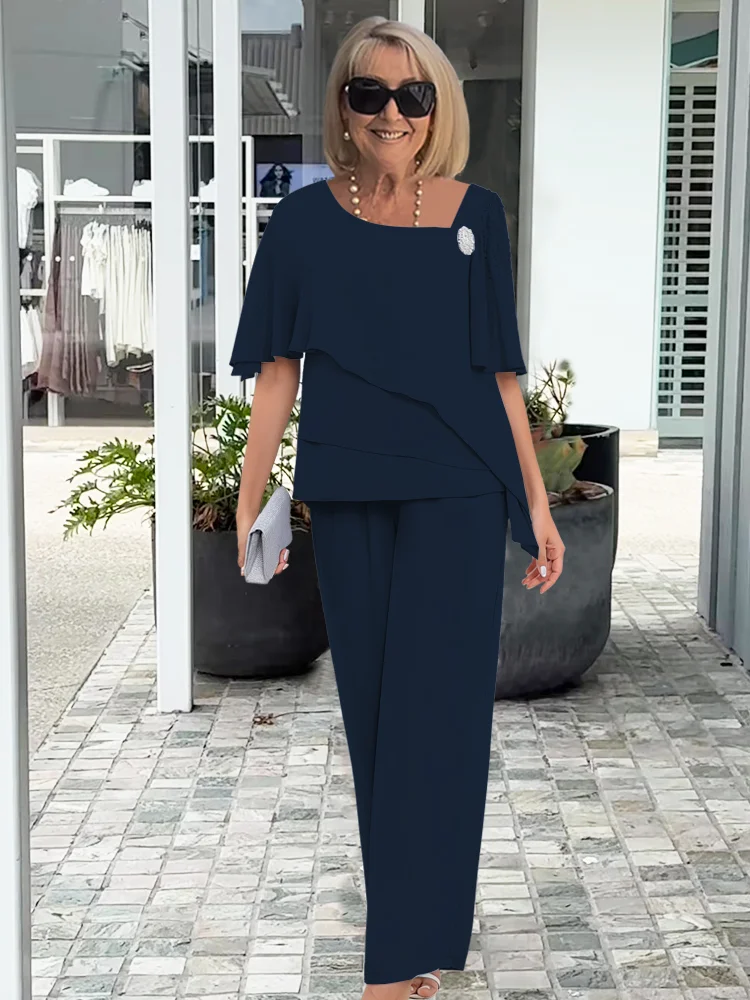 Carol elegant two-piece set in navy blue, full-length front view