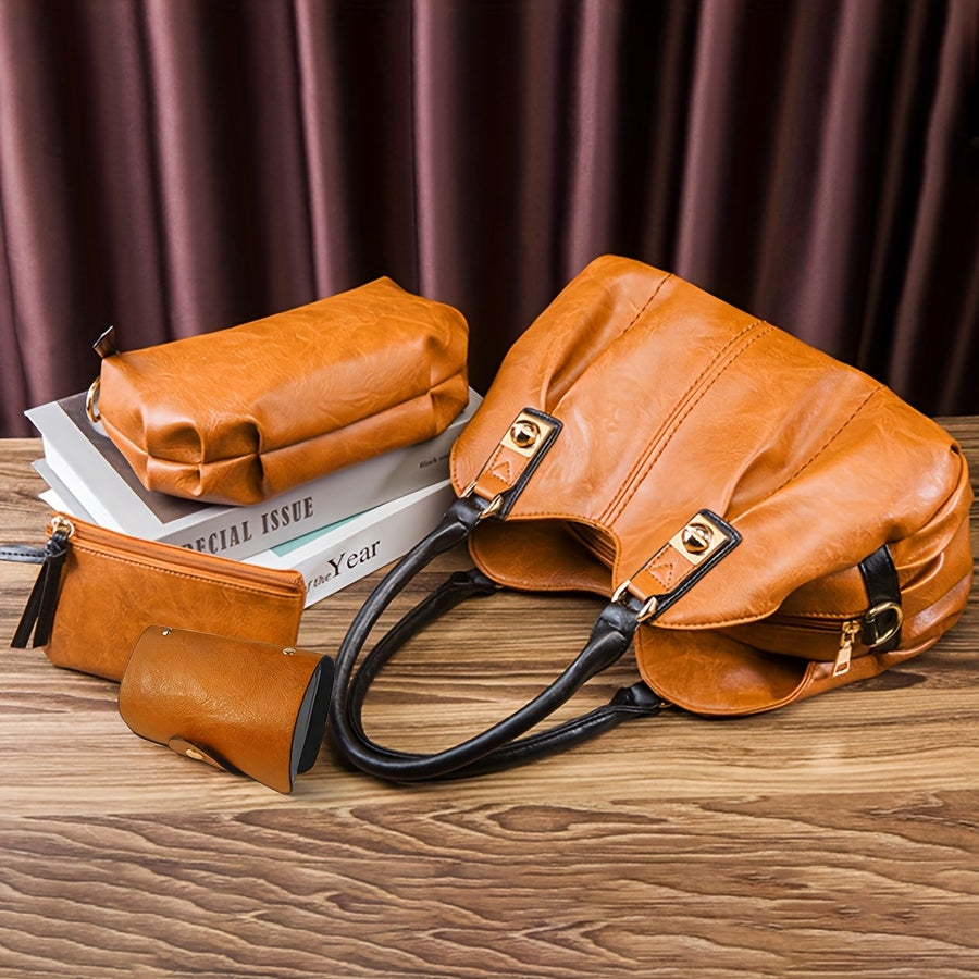 Zoe bag set in tan brown, side view of tote with pouches and card holder