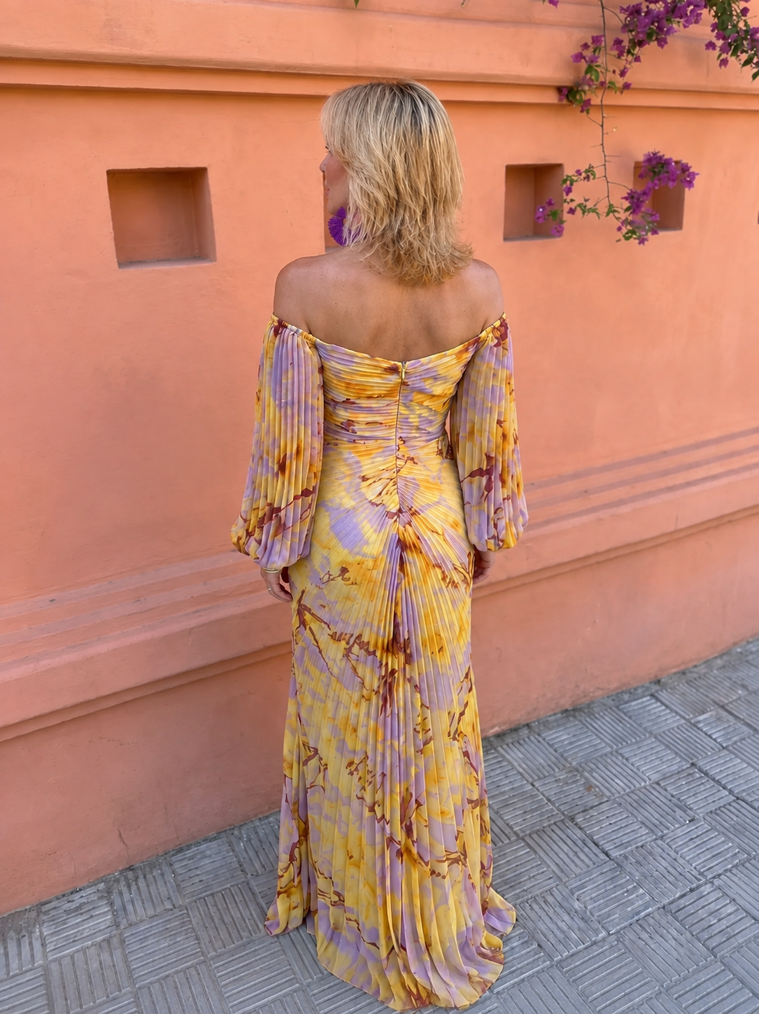 Greta long floral dress in yellow, full-length back view with zip