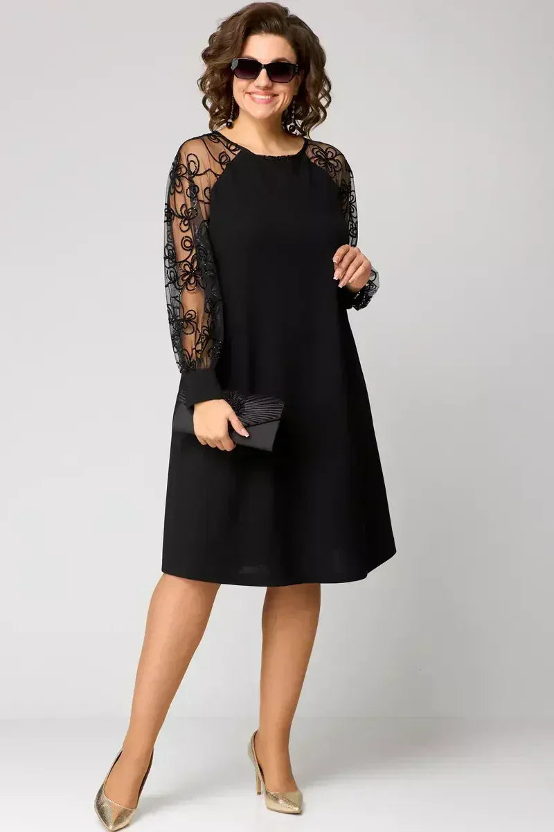 Nicole elegant dress in black, full-length front view with sheer floral sleeves