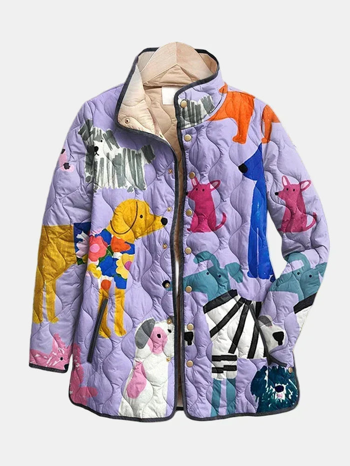 Rhea casual padded jacket in lilac multicolour dog print, front view