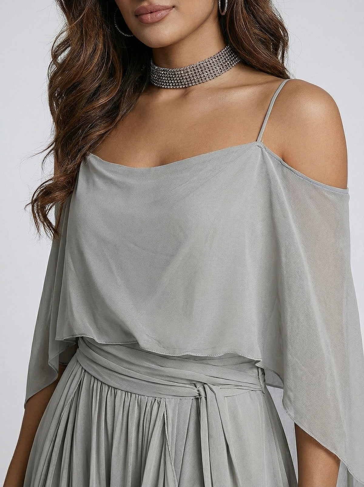 Isabela chiffon top detail with thin straps and off-shoulder neckline